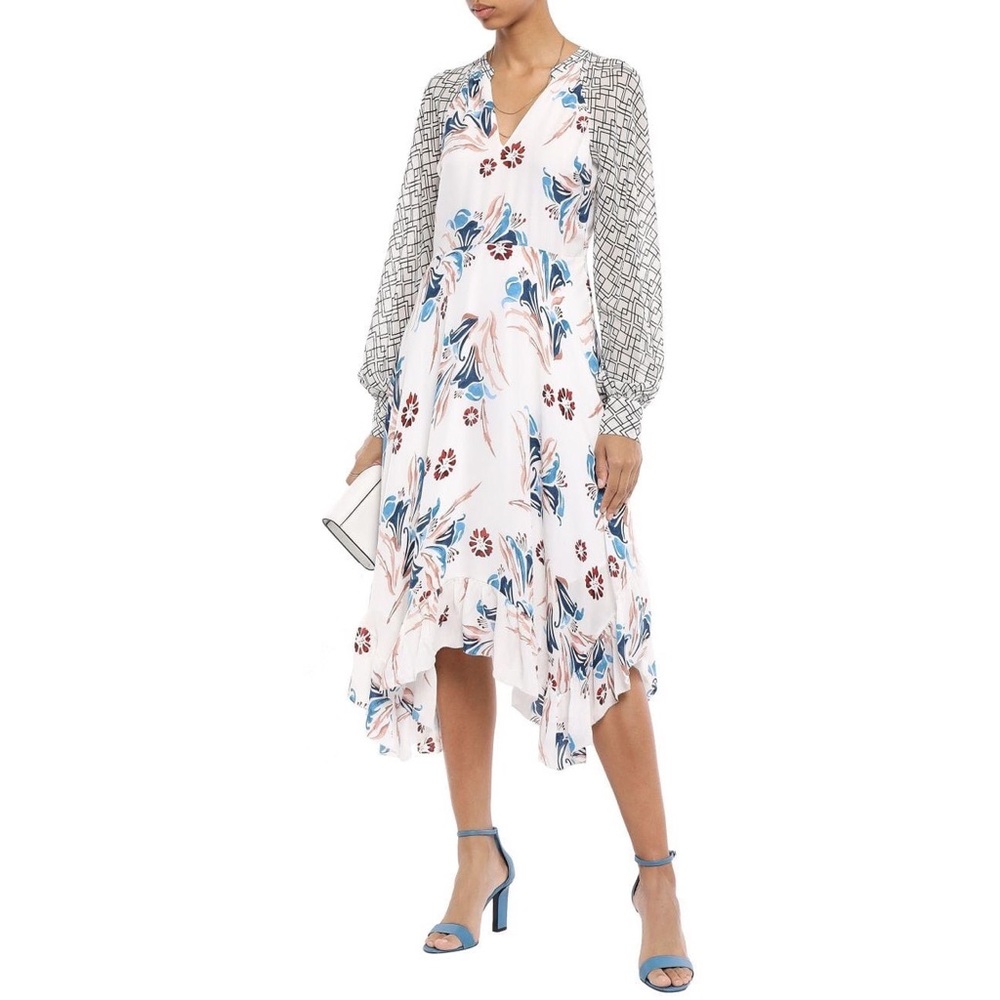 JOIE Asymmetric White Floral Silk Midi Dress